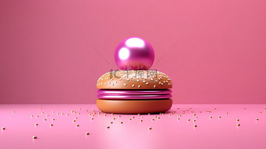 时尚的 3D 粉色汉堡漂浮在深粉色宇宙中，采用简约设计呈现