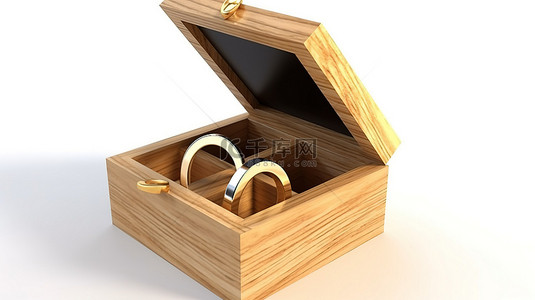 木漆礼盒中的结婚戒指 3d 渲染，白色背景上带有绝缘层