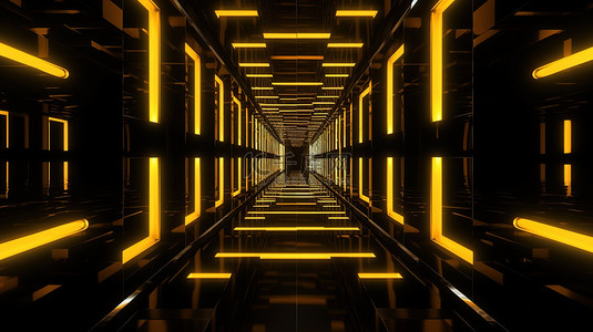 发光的黄色元素在引人注目的 3D 透视图中创建了一条几何走廊