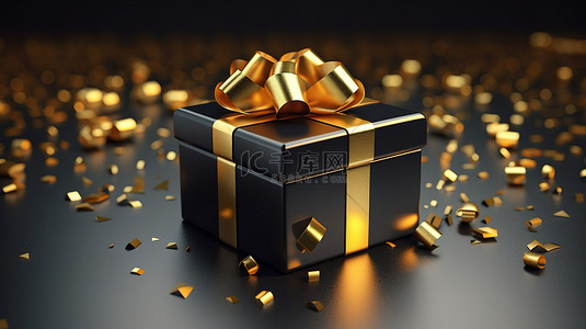 礼品盒推出了黑色星期五金丝带蝴蝶结销售概念的 3D 渲染
