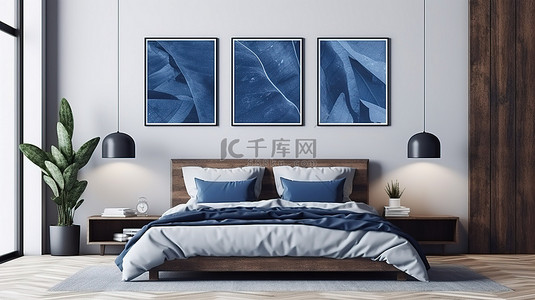 卧室内部的 3D 插图，配有海报框架模拟床深蓝色枕头床头柜和白色墙壁上的植物