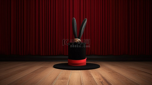 一顶带有红丝带的神秘大礼帽，一根魔杖和兔子耳朵突出，映衬着红色窗帘和木地板 3d 渲染