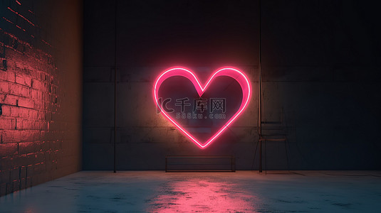 情人节快乐概念复古霓虹灯心在水泥墙上 3D 插图用于贺卡和设计