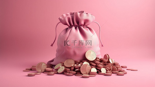 粉红色背景，带有 3D 渲染的钱袋和堆叠硬币，储蓄投资和利润的视觉表示