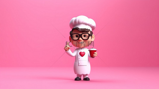 女孩演讲背景图片_可爱的烹饪专业人士在粉红色背景 3D 渲染图像上竖起大拇指和迷你心形气泡演讲