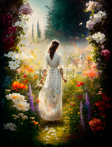 女人背影花园花卉植物草地田园生活自然风景油画装饰画背景