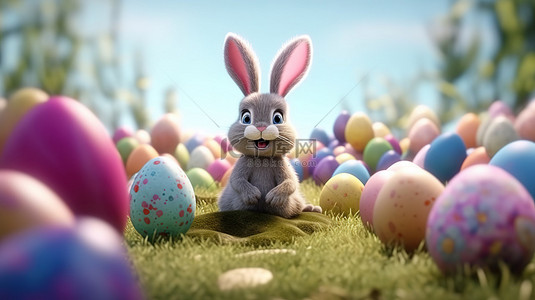 复活节彩蛋狩猎横幅，以丰满的卡通兔子和 3D 渲染的鸡蛋为特色