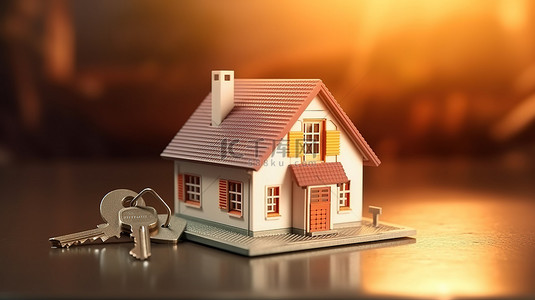 房地产投资概念 3D 渲染房屋形状关键与房屋模型抵押财产