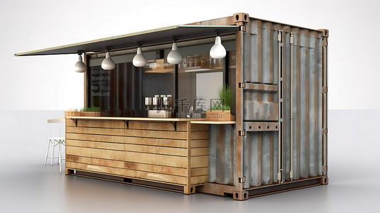 一个灰色孤立的 3D 插图，展示了一个升级改造的集装箱改造成一家咖啡馆