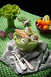 绿色餐巾上的沙拉和冰淇淋