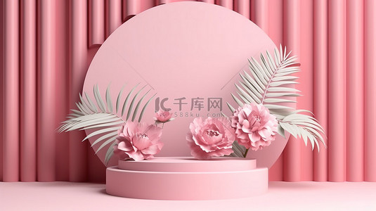 牡丹背景图片_柔和的粉红色讲台显示屏的 3D 渲染，以牡丹花气泡和棕榈叶阴影为特色