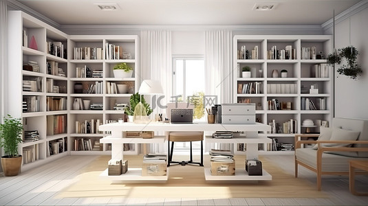 白色主题书房的 3D 渲染，配有学习桌书架和装饰品