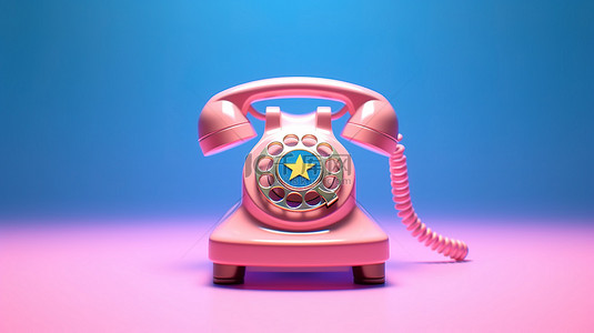 3D 渲染复古粉红色旋转电话在复古星形粉红色和蓝色背景