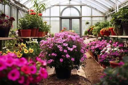 一个充满鲜花和绿色植物的大温室