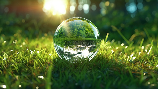 郁郁葱葱的绿色田野上的球体中的地球清晰可见，具有辐射反射 3D 渲染
