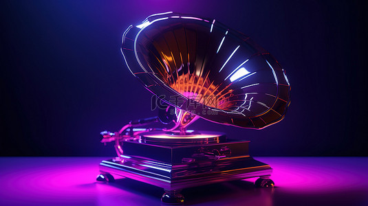 逆波风格闪亮金属紫色音乐海报，以 3D 渲染的老式留声机为特色