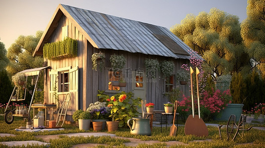匠心筑梦工具画背景图片_带有精心照料的花园工具的老式住宅的 3D 渲染