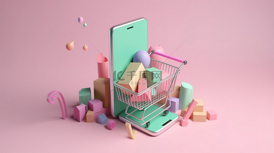 解决方案背景图片_3D 在线购物是一个未来概念，在智能手机上提供浮动物品数字购买和支付解决方案