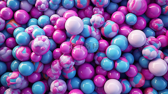 蓝色紫色和粉色圆圈和球的抽象 3D 渲染