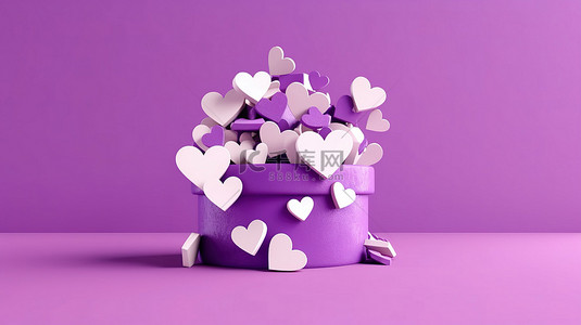 心形装饰紫色背景礼品卡非常适合庆祝场合 3D 插图