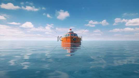 海天背景图片_下午，一艘救生艇在浩瀚的海洋中漂流的 3D 渲染壁纸背景