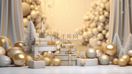 圣诞快乐球背景图片_节日装饰，有充足的复制空间，3D 插图，祝圣诞快乐和新年快乐