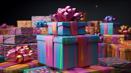 礼包丝带背景图片_充满活力的生日礼物 3D 渲染彩色包装礼品盒与丝带