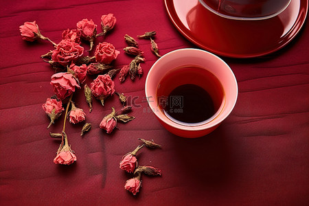 红色背景中的茶和茶叶
