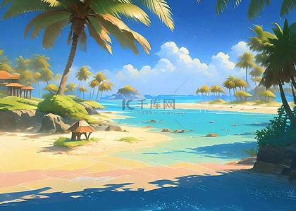 沙滩背景图片_海滩礁石椰子树插画