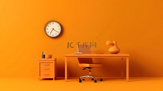 公司单位背景图片_单色橙色办公桌的 3D 渲染