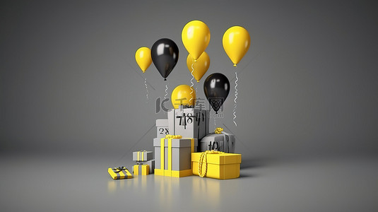 黄色主题背景图片_黄色和灰色主题场景气球和电话推动销售文本从 3D 渲染的礼品盒中出来