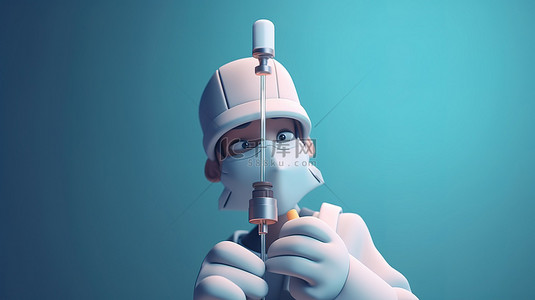 卡通医生戴手套的手拿着注射器，用于 3d 疫苗接种