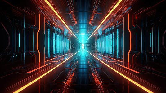 对称的几何设计和发光的霓虹灯条纹在移动的 4k 超高清隧道中创造出未来派的 3D 插图