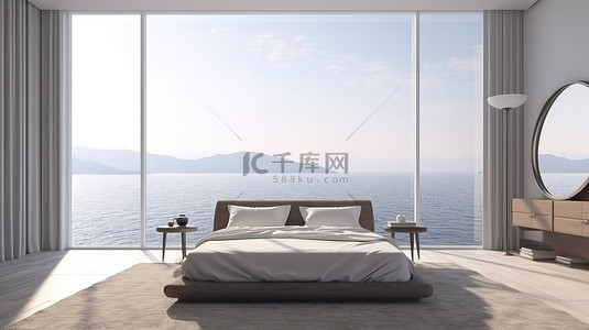 卧室的插图，在 3D 渲染中享有壮丽的海景