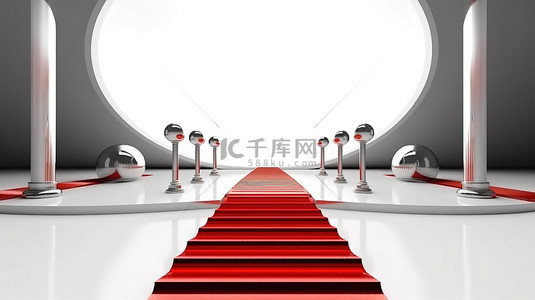 红地毯背景图片_时尚的金属舞台灯光建筑，红地毯通向白色背景 3D 渲染的讲台