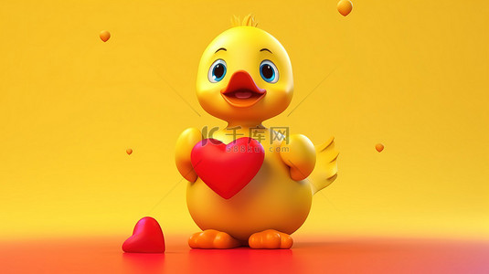 红底黄字ppt背景图片_可爱的黄鸭人物吉祥物，在 3D 创建的阳光明媚的背景上有一颗红心