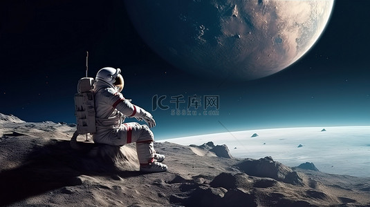 月球背景图片_坐在月球表面的宇航员的 3D 渲染