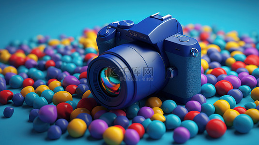 3D 渲染的蓝色相机位于蓝色背景上一群充满活力的球中