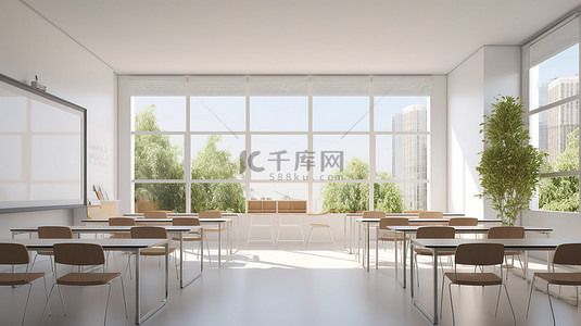 日本新年背景图片_光线充足的教室 3D 插图，课桌白板和阳光普照的窗户