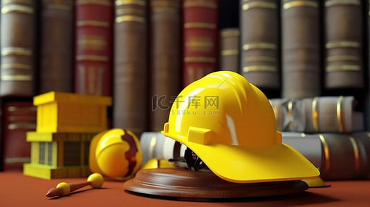 建筑行业的法律合规性 3D 渲染黄色安全帽木槌和桌子上的法律书籍