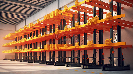 仓库背景图片_先进的悬臂货架系统非常适合工业仓库和产品行业 3D 插图
