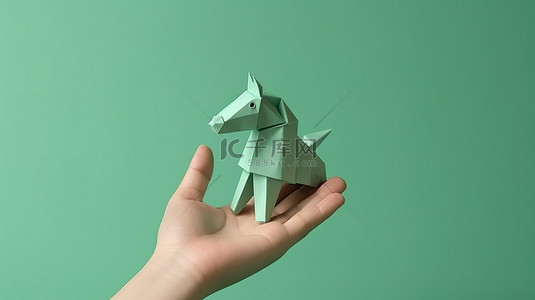 独角兽背景图片_绿色独角兽手中握有 3D 纸艺艺术品，具有充足的复制空间