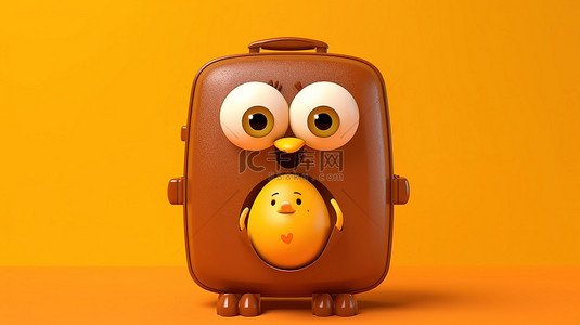 黄色背景下携带橙色旅行箱的鸡蛋角色吉祥物的 3D 插图