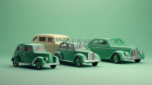儿童和父母的生态友好玩具老式汽车 3d 插图设置在绿色隔离背景上