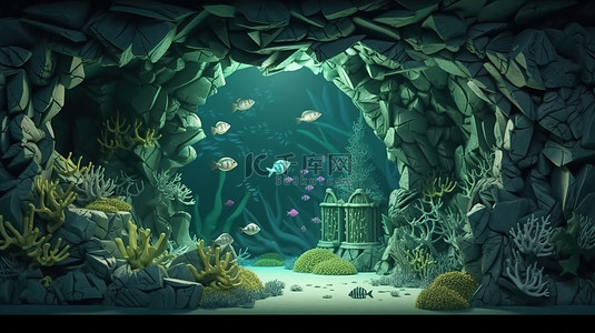珊瑚背景背景图片_水下纸洞在藻类波浪和石层中充满鱼的海底的深度风格 3D 渲染