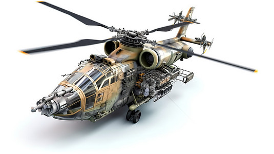 飞行中的直升机背景图片_白色背景下飞行中装备齐全的现代军用直升机的 3D 插图