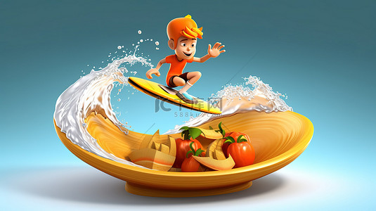 厨师以俏皮的 3D 卡通风格捕捉波浪