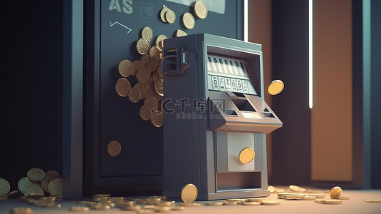 交易银行业务和技术 3d 渲染的 atm 机器与背景上的硬币和滑纸