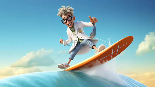 滑稽的 3D 卡通片中的冲浪医生