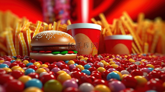 红色背景 3D 渲染上彩色球体中充满活力的汉堡热狗和软饮料展示